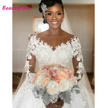 Luxo africano manga longa vestido de casamento renda vestido de casamento branco plus size frisado applique trem longo princesa vestidos de novia 2024 - compre barato