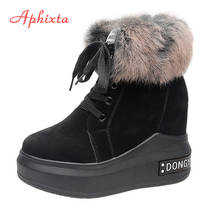 Aphixta botas femininas de cano curto, 6cm de altura, mulheres, plataforma de inverno, pele de coelho natural, quente, sola volumosa, botas de neve, feminina 2024 - compre barato