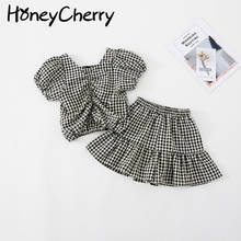 HoneyCherry Girls plaid suit summer back bow top culottes set of two cloth baby girl outfit  baby girl clothes 2024 - buy cheap