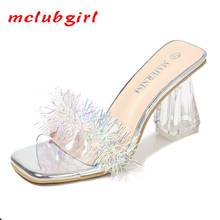 Mclubgirl sapatos de salto alto transparente femininos, sapatos casuais de salto alto com salto grosso e boca rasa wz 2024 - compre barato