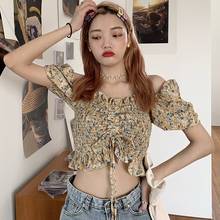 Women's Off Shoulder Floral Blouses Square Collar Sexy Sweet Pleated Short Chiffon Shirt Tops 2024 - buy cheap