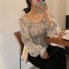 Женская блузка с длинным рукавом, на одно плечо, короткий топ с цветочным принтом в стиле ретро, для отпуска, A299 2024 - купить недорого