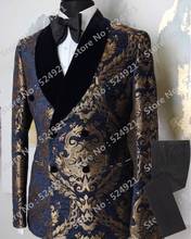Custom Made Men Suits Gold Pattern Groom Tuxedos Shawl Black Velvet Lapel Groomsmen Wedding Best Man ( Jacket+Pants+Tie ) C733 2024 - buy cheap