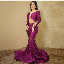 Vestidos de Noche Dubai, caftán marroquí, cuello redondo, Sexy, apliques musulmanes árabes, mangas largas, púrpura y dorado, para fiesta de graduación 2024 - compra barato