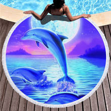 Toalha de praia redonda com estampa de golfinhos, toalha feita de microfibra estilo animal, toalha de praia com fitas ao redor do tapete de piquenique, esteira azul de ioga 2024 - compre barato