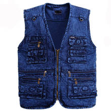 New Men Denim Multi-Pocket Waistcoat Jacket Cotton Outerwear Vest Sleeveless Zipper Solid Colors Casual Gilet Plus Size XL-5XL 2024 - buy cheap