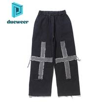 DUEWEER Mens Jeans Spring Autumn Tassel Cross Baggy Wide Leg Straight Trousers Distressed Plus Size Casual Hip Hop Denim Pants 2024 - buy cheap