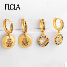 FLOLA Rainbow Fatima Hand Earrings Gothic Smile Face Zircon Huggies 24K Gold aretes de mano fatima Anti Allergic Earrings ersr02 2024 - buy cheap