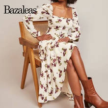 Bazaleas Palace Long Sleeve Women Midi Dress Vintage Grape Fruit Print Chiffon Vestidos Square Collar Dresses 2024 - buy cheap