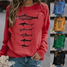 Женская Осенняя Повседневная Блузка Свободный пуловер Блузка с длинным рукавом свитшот с принтом в виде акулы женская теплая одежда Размером 3XL 2024 - купить недорого