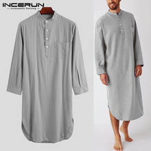 INCERUN Cotton Men's Sleep Robes Solid Color Long Sleeve Nightgown O Neck Leisure Mens Bathrobes Comfort 2022 Homewear Plus Size 2024 - buy cheap