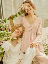 Primavera outono com decote em v conjuntos de pijamas de algodão feminino cor rosa/branco manga longa vintage elegante pijamas doces 2024 - compre barato