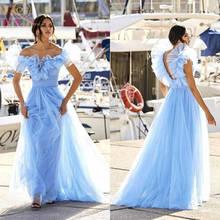 Blue Prom Dresses Long Ruffles Tulle Pleat A Line Sweep Train Evening Formal Gowns V Neck Elegant robe de soiree de mariage 2024 - buy cheap