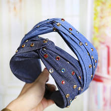 Diadema vaquera Vintage para mujer, bandana cruzada con diamantes de imitación de colores, banda ancha para el pelo, accesorios para el cabello 2024 - compra barato