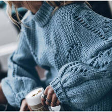 Suéter de punto suelto para mujeres embarazadas, suéter cálido con capucha de Color sólido, manga farol, otoño 2024 - compra barato