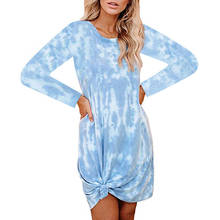 Cinessd-vestido estampado com tie-dye, azul céu, mangas compridas, uma linha, amarrado, curto, escritório, casual, festa, midi 2024 - compre barato