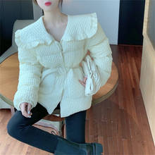 2020 Winter New Korean Fashion Peter Pan Collar Houndstooth Cotton Coat Women Belted Waist Loose Thick Pleated OL Padded Jacket 2024 - buy cheap