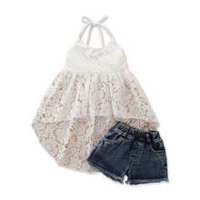 Toddler Baby Girl's Fashion 2Pcs Clothing Set Kids Sleeveless Lace Dress Top Denim Shorts For Cute Girl 1-6Years 2024 - buy cheap