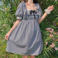 Lucyever Sweet Cute Bow Plaid Lolita Dress Women Summer Square Collar Puff Sleeve Sundress Woman Kawaii Lace Ruffles Mini Dress 2024 - buy cheap