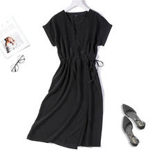 Feminino 100% puro seda manga curta sólido preto longo vestido v pescoço cintura com cinto l xl jn510 2024 - compre barato
