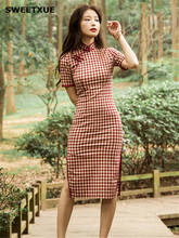 SWEETXUE-vestido Cheongsam a cuadros Retro rojo para mujer, elegante, Midi, Sexy, con abertura, Qipao 2024 - compra barato