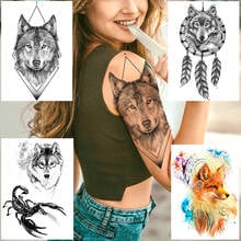 Tatuagem de braço temporária de lobo geométrica, tatuagem de escorpião falso para homens e mulheres, à prova d'água, apanhador de sonhos, arte corporal 2024 - compre barato