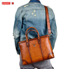 Портфель мужской из натуральной кожи, вместительная сумка для ноутбука в деловом стиле, переносной мессенджер на плечо, дорожный саквояж 2024 - купить недорого