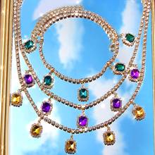 Gargantilha com pingente de strass plano, colar feminino de ouro e prata, cor quadrada, joia geométrica com strass 2024 - compre barato