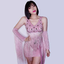 Bar Nightclub Gogo Dance Costume Singer Rhinestone Dress Pink Fringe Dress For Women Birthday Party Outfit Stage Wear VDB2309 2024 - buy cheap