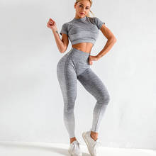 NORMOV Fitness Women Knit Sets Workout Stripe Patchwork O Neck Top Push Up High Waist Nylon Sets Casual Gray Female Trousers Set 2024 - buy cheap