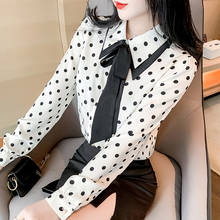 Spring New Turn down collar Polka dot Bownot Women Tops Elegant Chiffon blouse long-sleeved Office lady shirt 2024 - buy cheap