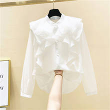 Camisa feminina branca com babados e mangas compridas, blusa folgada de retalhos para escritório, elegante, de chiffon, para verão, 2021 2024 - compre barato