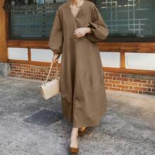 ZANZEA 2021 Women's Autumn Sundress Kaftan Solid Maxi Dress Casual Puff Sleeve Baggy Vestidos Female V Neck Robe 2024 - buy cheap