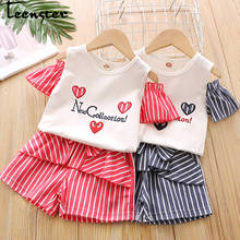 Summer Outfits Little Girls Clothes Love Letter Embroidery Off The Shoulder Shirt&stripes Bow Shorts Toddler Kids Clothing Set 2024 - купить недорого