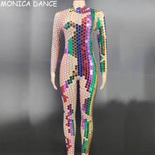 Сексуальное многоцветное зеркало Стразы для сцены, прозрачный комбинезон на день рождения, вечеринку, наряд для женщин, танцор, шоу, наряд 2024 - купить недорого