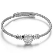 Pulseira fashion de coração, pulseira de aço inoxidável com fio de cristal torcido, pulseira pingente para mulheres e meninas, presente 2024 - compre barato