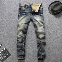 Pantalones vaqueros de estilo italiano para Hombre, Jeans rasgados de alta calidad con lavado Retro, ajustados, de algodón, de diseño Vintage 2024 - compra barato