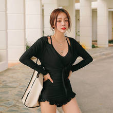 Biquíni feminino estilo coreano, sólido, plissado, monokini com capa, manga longa, push-up 2024 - compre barato