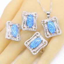 Blue Opal 925 Silver Jewelry Sets For Women Wedding Necklace Pendant Hoop Earrings Rings Birthday Gift Box 2024 - buy cheap