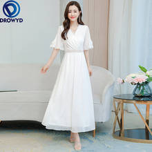 Vestido de chiffon branco para mulheres, vestidos femininos de mangas curtas, vestido de escritório para mulheres, vestido coreano elegante, vestido de verão, vestidos de festa 2024 - compre barato