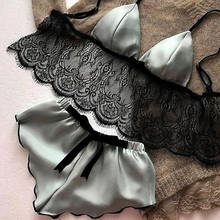Conjunto lingerie feminina sexy cetim 2 pcs, roupa íntima patchwork seda roupa de dormir sutiã + shorts pijama 2024 - compre barato
