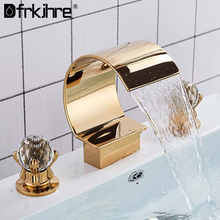 Grifo de lavabo dorado montado en cubierta, grifería de baño con mango de cristal, cascada, doble manija, mezclador, Torneira, 3 uds. 2024 - compra barato