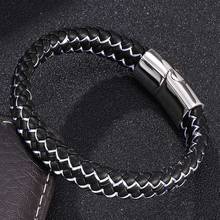 Pulseira masculina de couro trançado, fecho magnético de aço inoxidável, preto e branco, pulseiras com berloque 2024 - compre barato