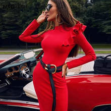 Free Shipping 2020 Autumn New Women's Red Bodycon Knit Dress Vestidos Sexy O-neck Long Sleeve Belt Club Celebrity Party Dress 2024 - buy cheap