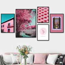 Настенная картина с розовым домом, деревом, лодкой, рекой, окном, цветами, настенная Картина на холсте, скандинавские плакаты и принты, настенные картины для декора гостиной 2024 - купить недорого