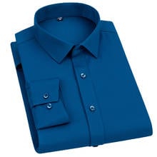 Aoliwen homens azul marinho cor sólida negócio manga longa vestido camisa escritório de seda macio e confortável respirável magro ajuste camisas 2024 - compre barato