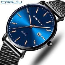 Relógio masculino crrju, relógio de quartzo impermeável azul de marca luxuosa com pulseira de malha preta da moda para negócios, 2019 2024 - compre barato