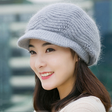 Chapéu feminino de inverno com onda, chapéu quente de malha com pele de coelho 2024 - compre barato