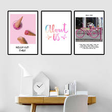 Estilo moderno nórdico doce rosa sorvete bicicleta pintura da lona citações posters e impressões fotos de parede para sala estar decoração 2024 - compre barato