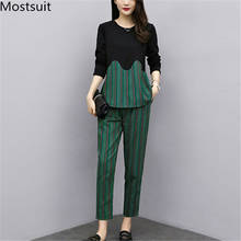 L-5xl 2019 Autumn Striped Two Piece Sets Outfits Women Long Sleeve Tops And Pants Suits Office Elegant Korean Sets 2024 - buy cheap